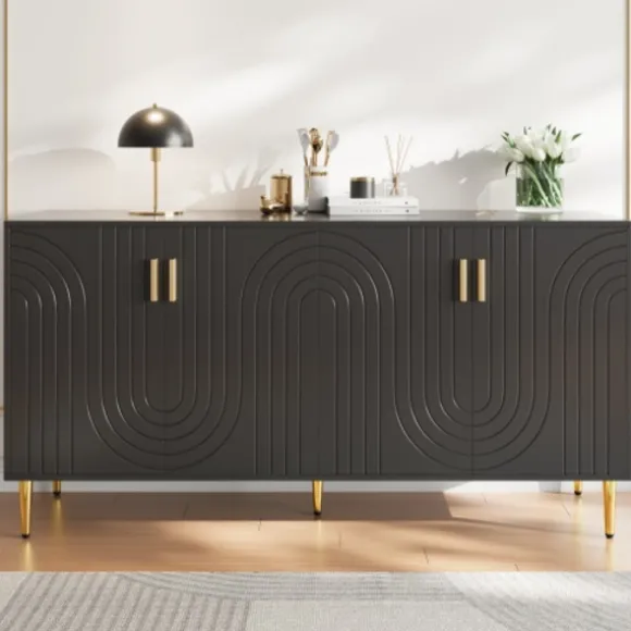 Sort skænk 152x40x75cm - skaftdesign med gyldne håndtag/fødder, elegant til spiseområde Black