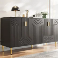 Sort skænk 152x40x75cm - skaftdesign med gyldne håndtag/fødder, elegant til spiseområde Black