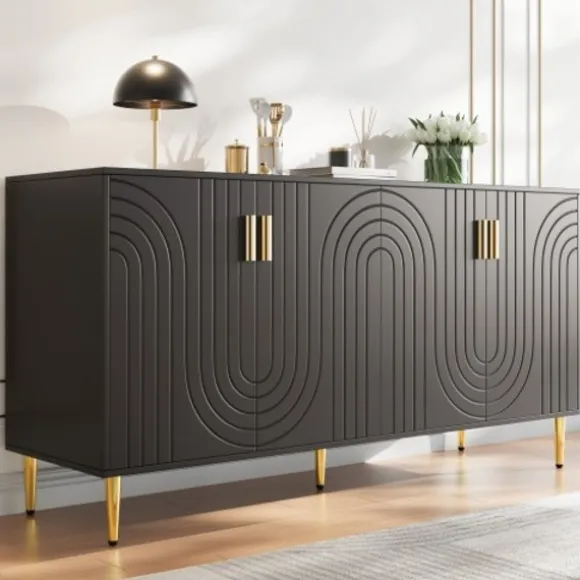 Sort skænk 152x40x75cm - skaftdesign med gyldne håndtag/fødder, elegant til spiseområde Black