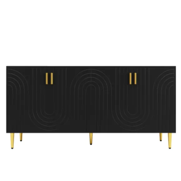 Sort skænk 152x40x75cm - skaftdesign med gyldne håndtag/fødder, elegant til spiseområde Black