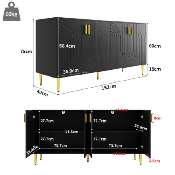 Sort skænk 152x40x75cm - skaftdesign med gyldne håndtag/fødder, elegant til spiseområde Black