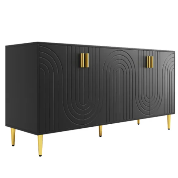 Sort skænk 152x40x75cm - skaftdesign med gyldne håndtag/fødder, elegant til spiseområde Black