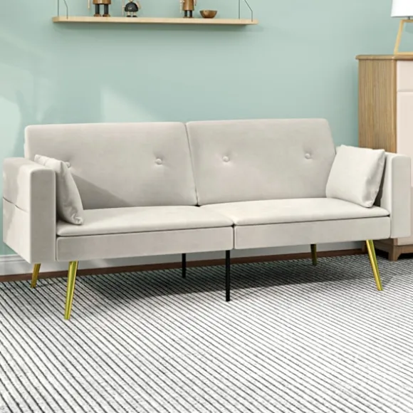 Sovesofa, sovesofa med justerbart ryglæn, sidelomme, polstret 2-personers sofa med sovefunktion, hynder, til stue, soveværelse, beige