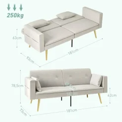 Sovesofa, sovesofa med justerbart ryglæn, sidelomme, polstret 2-personers sofa med sovefunktion, hynder, til stue, soveværelse, beige