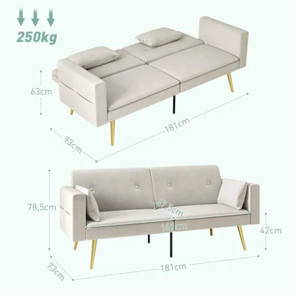 Sovesofa, sovesofa med justerbart ryglæn, sidelomme, polstret 2-personers sofa med sovefunktion, hynder, til stue, soveværelse, beige