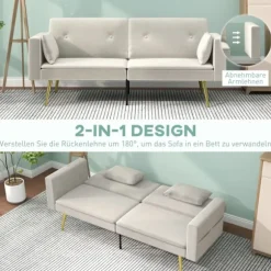 Sovesofa, sovesofa med justerbart ryglæn, sidelomme, polstret 2-personers sofa med sovefunktion, hynder, til stue, soveværelse, beige