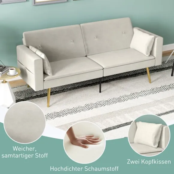 Sovesofa, sovesofa med justerbart ryglæn, sidelomme, polstret 2-personers sofa med sovefunktion, hynder, til stue, soveværelse, beige