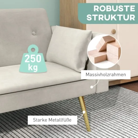 Sovesofa, sovesofa med justerbart ryglæn, sidelomme, polstret 2-personers sofa med sovefunktion, hynder, til stue, soveværelse, beige