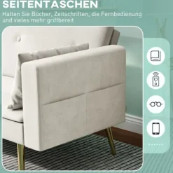 Sovesofa, sovesofa med justerbart ryglæn, sidelomme, polstret 2-personers sofa med sovefunktion, hynder, til stue, soveværelse, beige