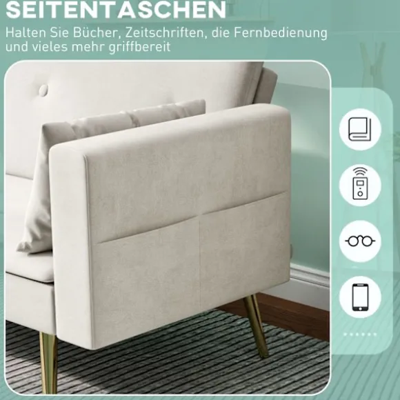 Sovesofa, sovesofa med justerbart ryglæn, sidelomme, polstret 2-personers sofa med sovefunktion, hynder, til stue, soveværelse, beige