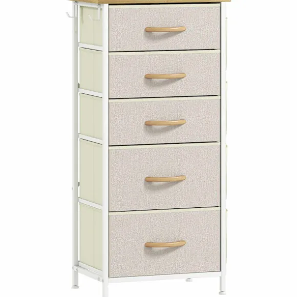 Soveværelseskommode med 5 stofskuffer, stålramme, beige