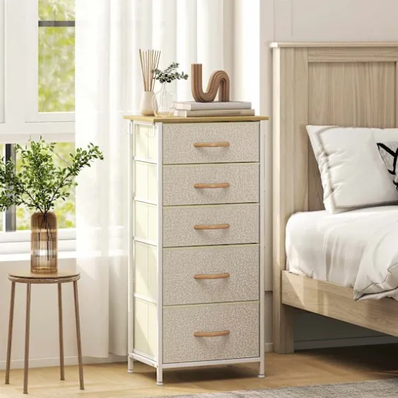 Soveværelseskommode med 5 stofskuffer, stålramme, beige
