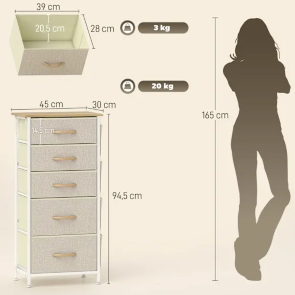 Soveværelseskommode med 5 stofskuffer, stålramme, beige