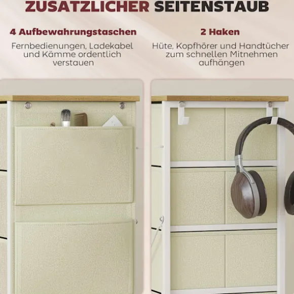 Soveværelseskommode med 5 stofskuffer, stålramme, beige