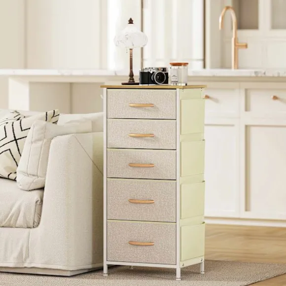 Soveværelseskommode med 5 stofskuffer, stålramme, beige