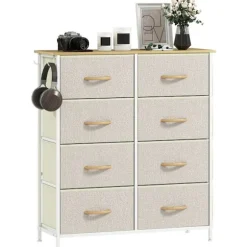 Soveværelseskommode med 8 stofskuffer, stålramme, beige