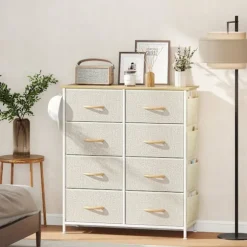 Soveværelseskommode med 8 stofskuffer, stålramme, beige