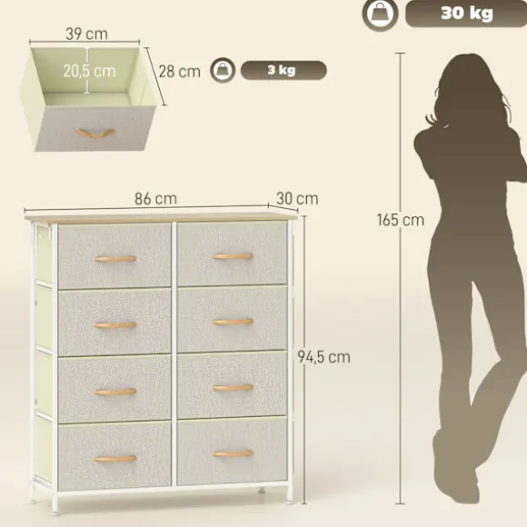 Soveværelseskommode med 8 stofskuffer, stålramme, beige