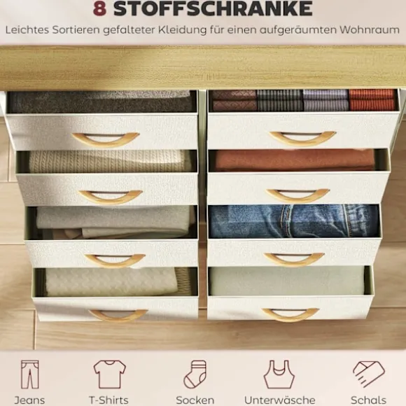 Soveværelseskommode med 8 stofskuffer, stålramme, beige