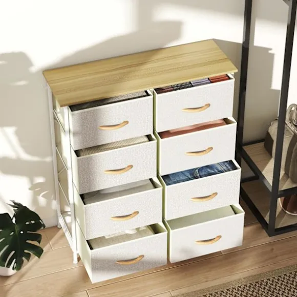Soveværelseskommode med 8 stofskuffer, stålramme, beige