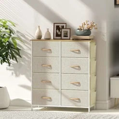 Soveværelseskommode med 8 stofskuffer, stålramme, beige