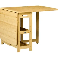 Spisebord Foldebord Spisestuebord Køkkenbord Med Opbevaringsrum Og Justerbare Fødder Landlig Stil Bambus Naturtræ 149,5 X 80 X 73,5 Cm