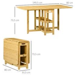 Spisebord Foldebord Spisestuebord Køkkenbord Med Opbevaringsrum Og Justerbare Fødder Landlig Stil Bambus Naturtræ 149,5 X 80 X 73,5 Cm