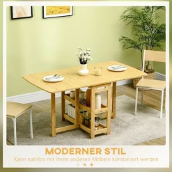 Spisebord Foldebord Spisestuebord Køkkenbord Med Opbevaringsrum Og Justerbare Fødder Landlig Stil Bambus Naturtræ 149,5 X 80 X 73,5 Cm