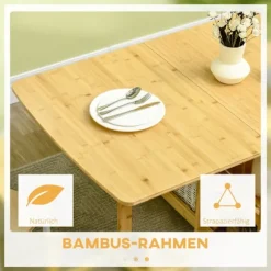 Spisebord Foldebord Spisestuebord Køkkenbord Med Opbevaringsrum Og Justerbare Fødder Landlig Stil Bambus Naturtræ 149,5 X 80 X 73,5 Cm