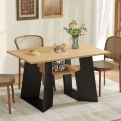 Spisebord med kæledyrsområde og hylde, til 6 personer, 130x85 cm naturtræ/sort mix, kæledyrsvenligt Natural+Black