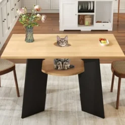 Spisebord med kæledyrsområde og hylde, til 6 personer, 130x85 cm naturtræ/sort mix, kæledyrsvenligt Natural+Black