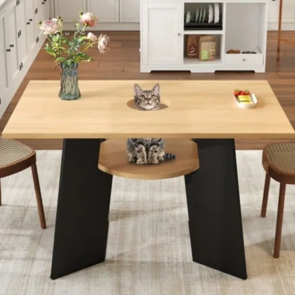Spisebord med kæledyrsområde og hylde, til 6 personer, 130x85 cm naturtræ/sort mix, kæledyrsvenligt Natural+Black