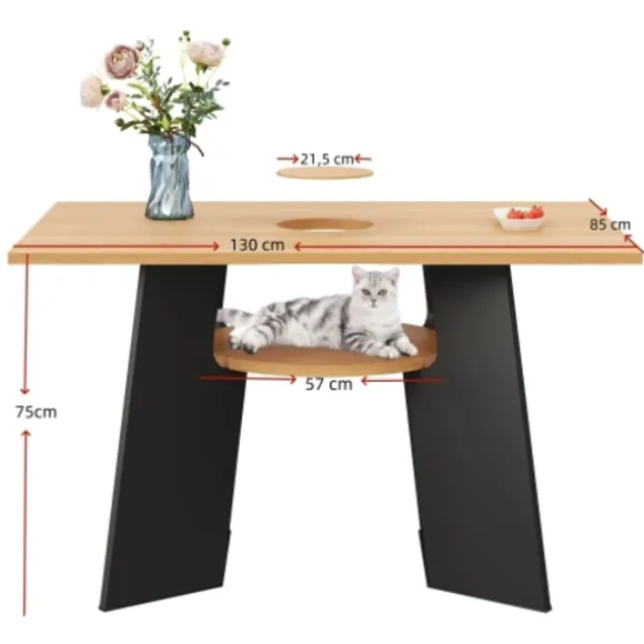 Spisebord med kæledyrsområde og hylde, til 6 personer, 130x85 cm naturtræ/sort mix, kæledyrsvenligt Natural+Black