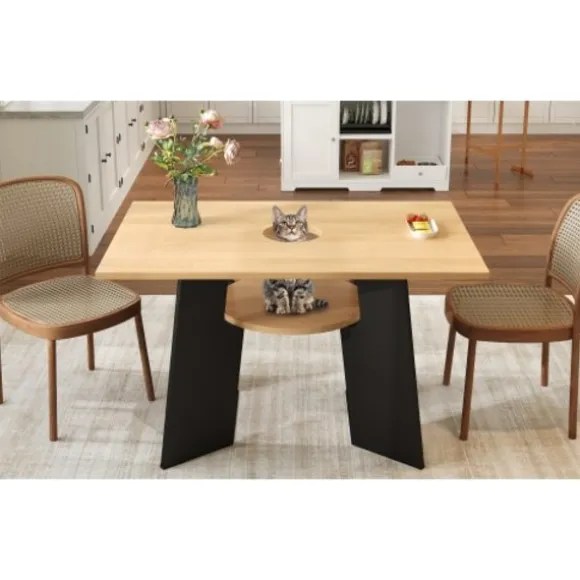 Spisebord med kæledyrsområde og hylde, til 6 personer, 130x85 cm naturtræ/sort mix, kæledyrsvenligt Natural+Black
