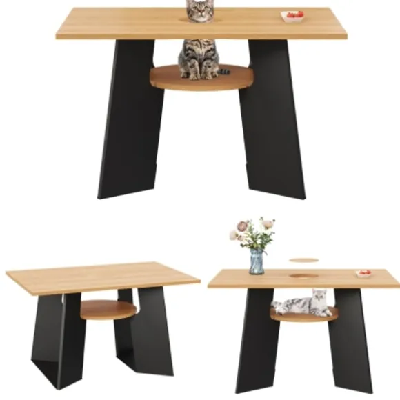 Spisebord med kæledyrsområde og hylde, til 6 personer, 130x85 cm naturtræ/sort mix, kæledyrsvenligt Natural+Black