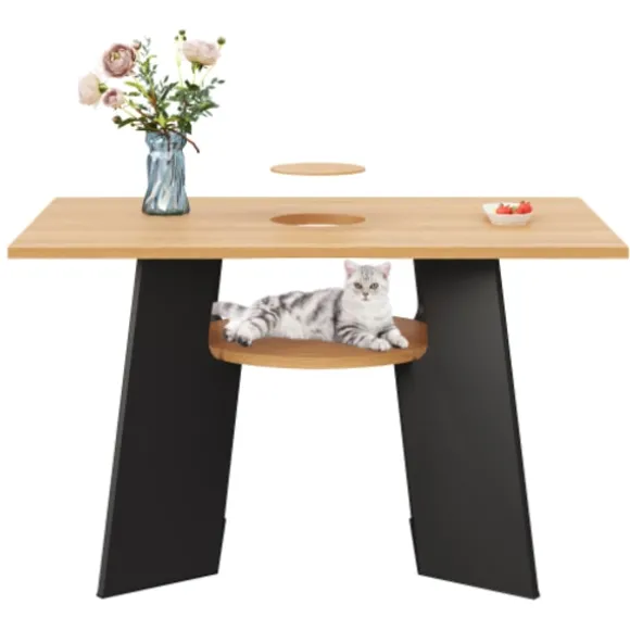 Spisebord med kæledyrsområde og hylde, til 6 personer, 130x85 cm naturtræ/sort mix, kæledyrsvenligt Natural+Black