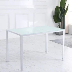 Spisebord til 4, plade af hærdet glas, metalben