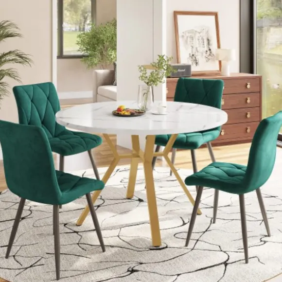 Spisebordssæt, 5 dele, med marmorplade og guldben, 4 ergonomiske velourstole, grøn, moderne rundt design Golden + Green