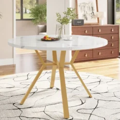 Spisebordssæt, 5 dele, med marmorplade og guldben, 4 ergonomiske velourstole, grøn, moderne rundt design Golden + Green