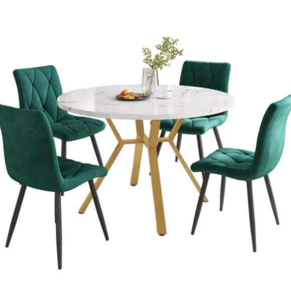 Spisebordssæt, 5 dele, med marmorplade og guldben, 4 ergonomiske velourstole, grøn, moderne rundt design Golden + Green