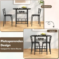 Spisebordssæt med 2 stole, pladsbesparende, sort