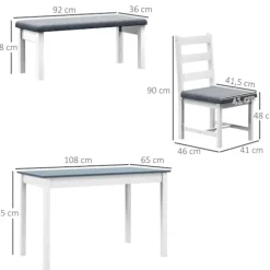 Spisebordssæt, Spisebord Med 2 Polstrede Stole, Bænk, 4-Delt Spisebordssæt, Spisestuegruppe Med Linnedlook, Fyrretræ, Grå, Hvid
