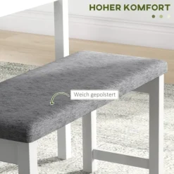 Spisebordssæt, Spisebord Med 2 Polstrede Stole, Bænk, 4-Delt Spisebordssæt, Spisestuegruppe Med Linnedlook, Fyrretræ, Grå, Hvid