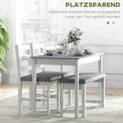 Spisebordssæt, Spisebord Med 2 Polstrede Stole, Bænk, 4-Delt Spisebordssæt, Spisestuegruppe Med Linnedlook, Fyrretræ, Grå, Hvid