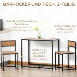 Spisegruppe Køkkenbord Med 2 Stole, Spisebordssæt, Spisestuegruppe, Metal, Natur