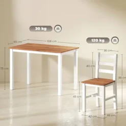 Spisesæt, spisebord, 4 stole, spisestuesæt, fyrretræ, brun+hvid