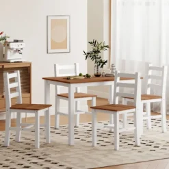 Spisesæt, spisebord, 4 stole, spisestuesæt, fyrretræ, brun+hvid