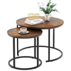 Sæt 2 runde sofaborde 70,5/45,5 cm laminat-MDF sort metal