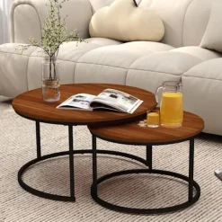 Sæt 2 runde sofaborde 70,5/45,5 cm laminat-MDF sort metal