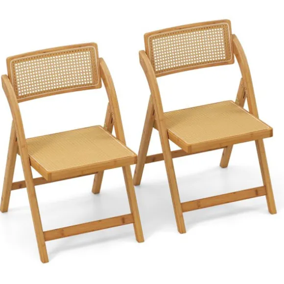 Sæt af 2 sammenklappelige bambusstole - COSTWAY - 360° roterende rygstøtter i PE og PP rattan - Sæde 44 x 44 cm til spisestue Naturlig